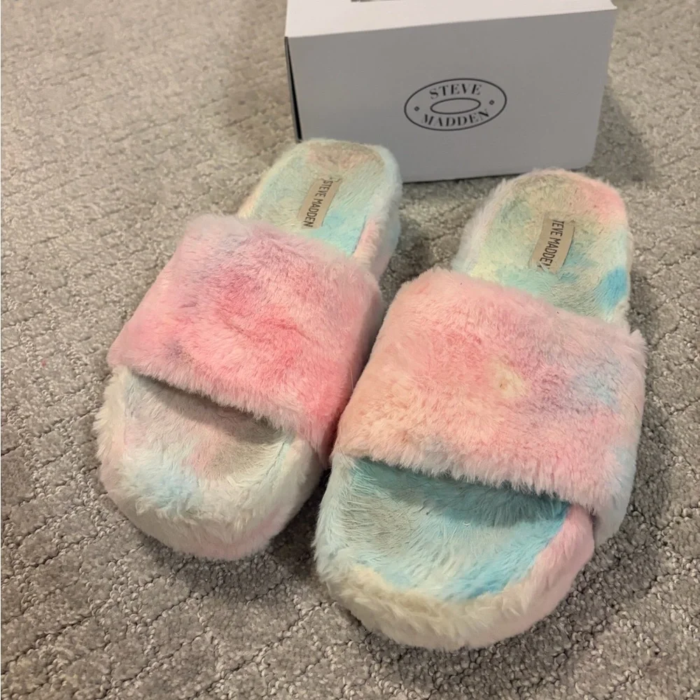 Steve Madden Multicolor Pastel or “Fabfuzz” Faux Fur Slides
